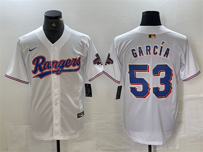 Men's Texas Rangers #53 Adolis García White Gold Cool Base Stitched Baseball Jersey